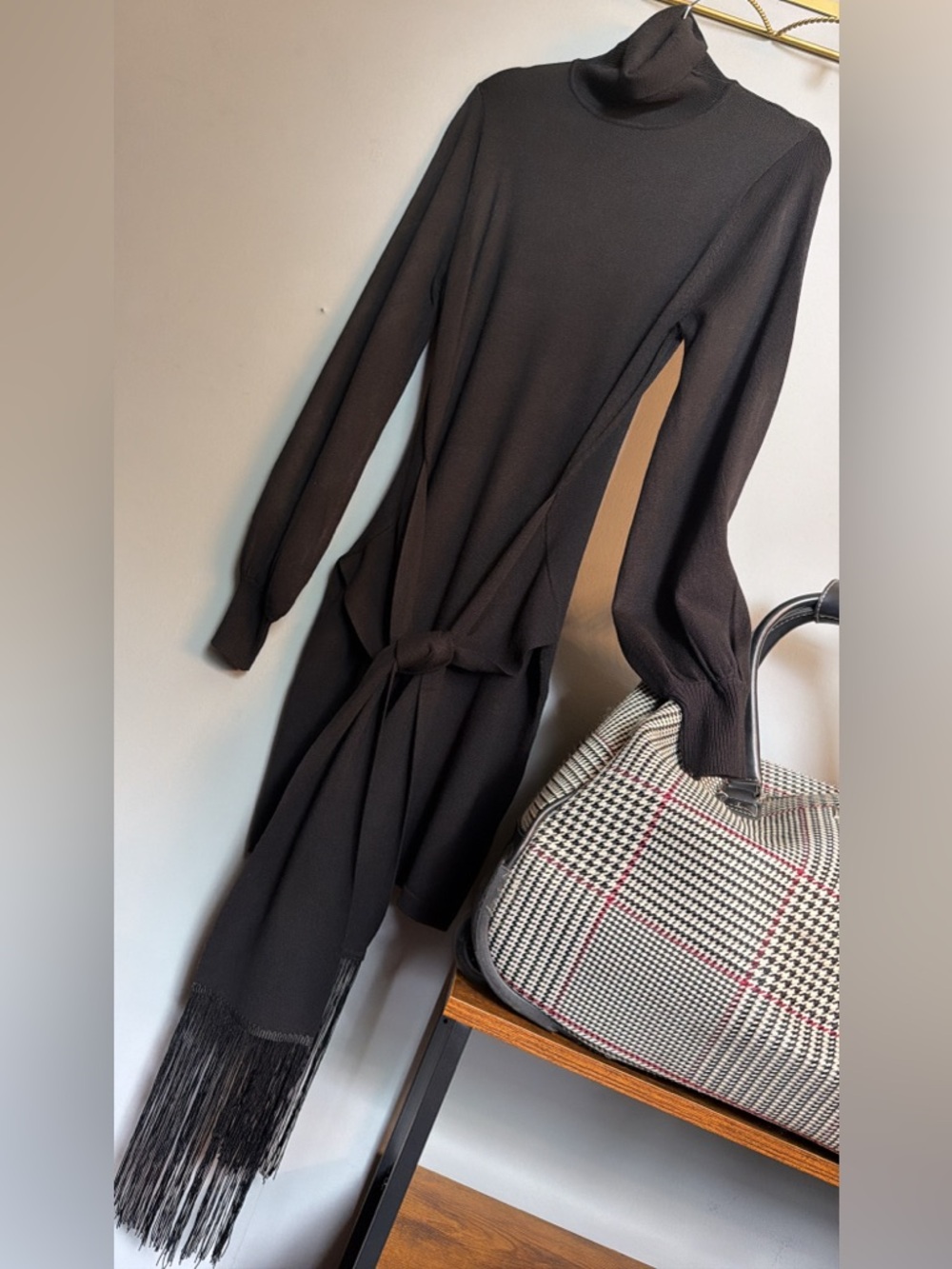 Black Knit Fringe Tie Dress | Turtleneck Sweater Dress Elegant Minimalist | XS